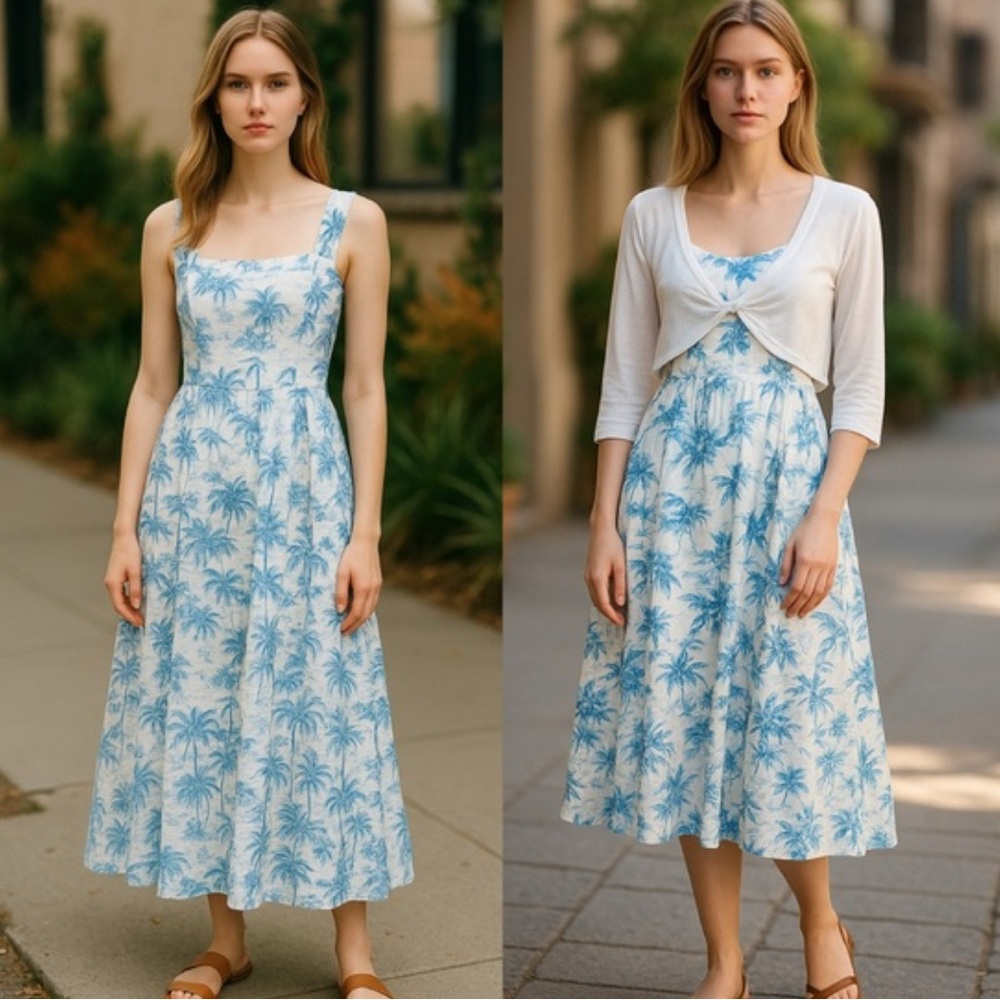 Joie Blue and White Tropical Midi Dress linen resort wear vacation dress toile